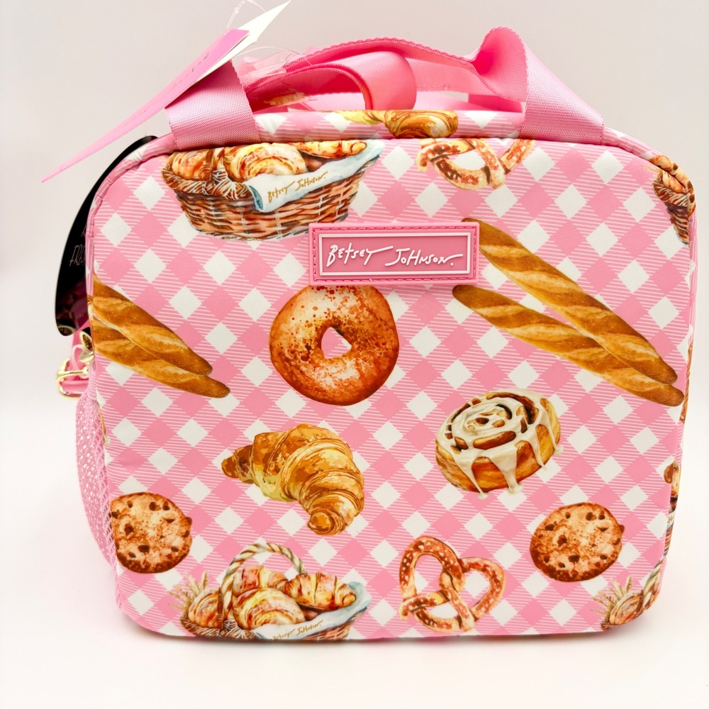 Betsey Johnson Pink Gingham Bakery Print Insulated Lunch Tote Bag NEW